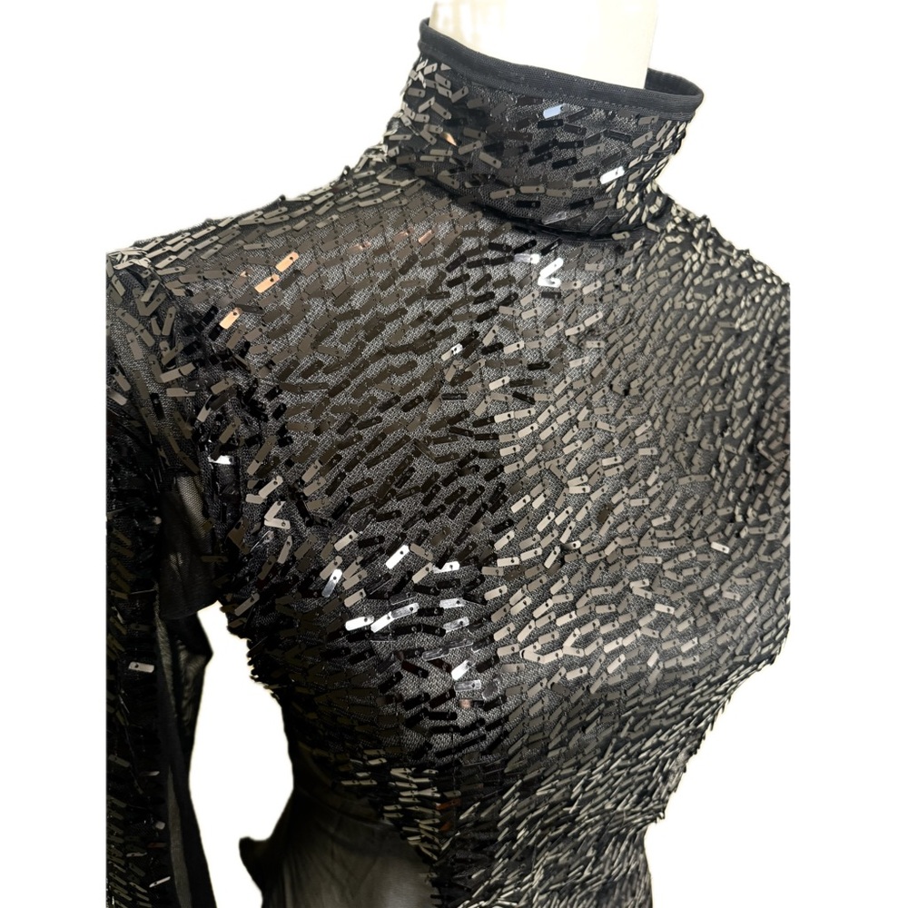 Black Sequin Symmetric Bodysuit with Long Sleeves, Size L - Picture 10 of 15